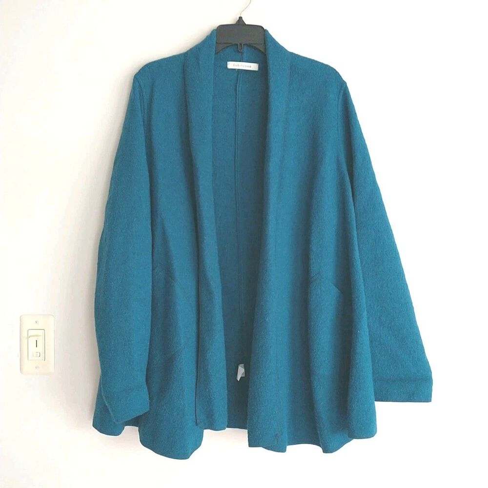 Cut Loose Open Front Coat Womens L XL Blue Teal Boiled Wool Shawl Collar Pockets